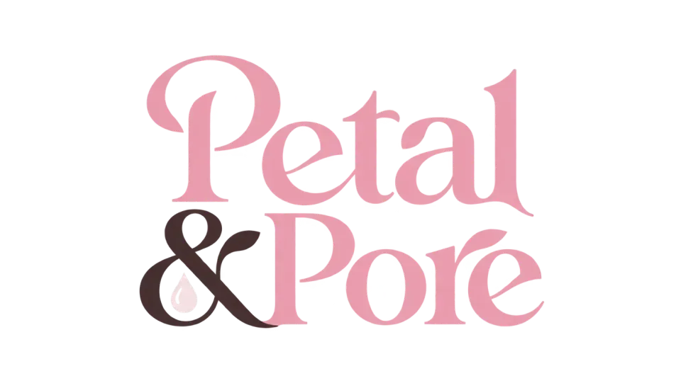 Petal & Pore wordmark logo idea: The compact arrangement and tucked-in serum drop give the name a gentle skincare cue while keeping the lettering in focus.
