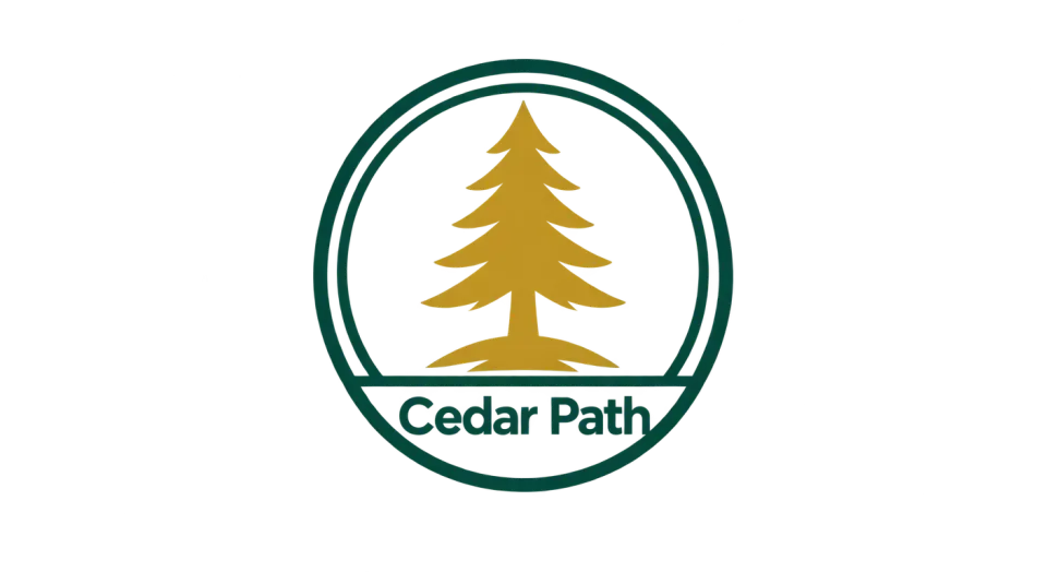 Cedar Path emblem logo idea: A simple cedar sits at the center of a round seal, making the business name feel established without crowding the badge.