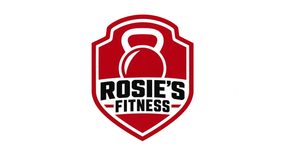 Rosie's Fitness combination mark logo idea: The shield gathers a simple kettlebell and “Rosie’s Fitness” into one compact badge that feels ready for a team shirt or training gear.