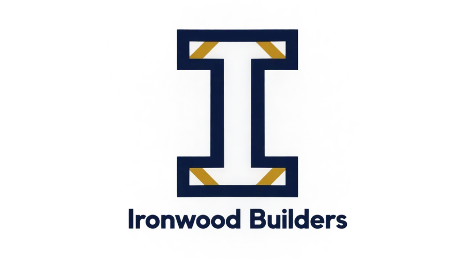 Ironwood Builders lettermark logo idea: The framed I feels at home in building work while keeping the company name easy to read below it.