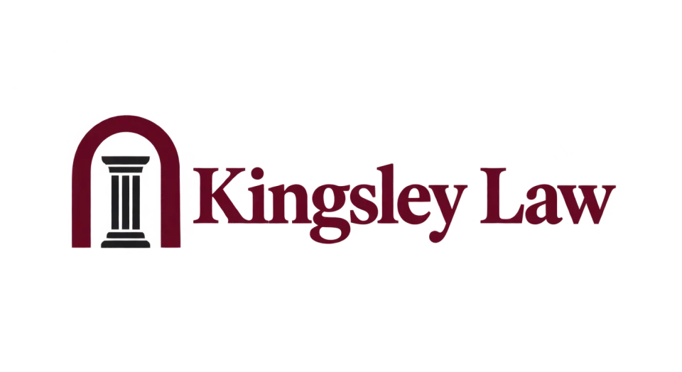 Kingsley Law combination mark logo idea: A spare arch and column lend Kingsley Law a classic civic feel while leaving the firm’s name as the clearest element.