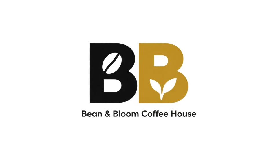 Bean & Bloom Coffee House lettermark logo idea: Two easy-to-read Bs and a warm gold accent make the initials feel casual and easy to spot on a small screen.