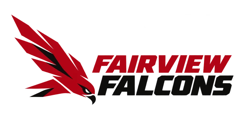 Fairview Falcons combination mark logo idea: A red falcon plunges beside the team name, giving Fairview Falcons a fast, focused look that still reads clearly on uniforms.