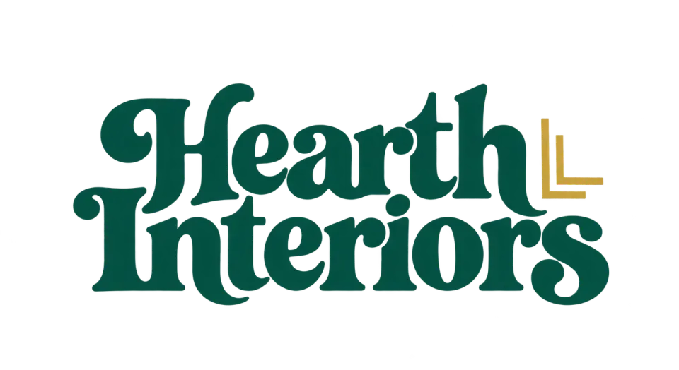 Hearth Interiors wordmark logo idea: A compact two-line name and tiny room-corner detail nod to interiors without distracting from Hearth Interiors.