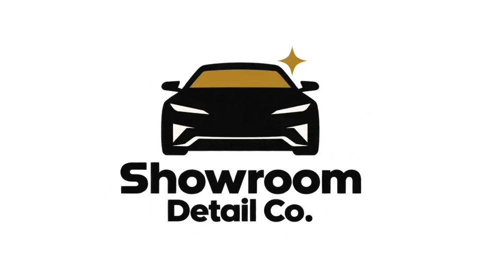 Showroom Detail Co. combination mark logo idea: A head-on car gives the mark a direct, high-tech presence, and the stacked layout keeps the icon and full name easy to read together.