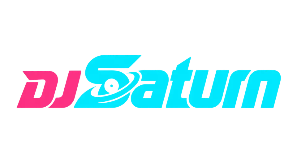 DJ Saturn wordmark logo idea: The compact “DJ” beside a larger “Saturn” creates a lively, slightly unexpected wordmark that reads clearly even at small sizes.