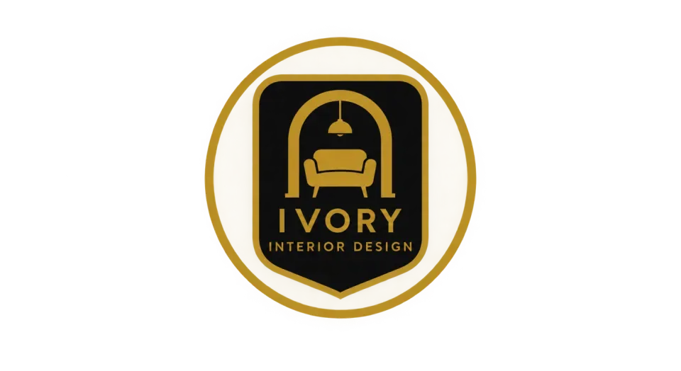 Ivory Interior Design emblem logo idea: A compact shield turns a doorway and sofa into a little room-like scene, giving the studio a polished badge that feels approachable rather than formal.