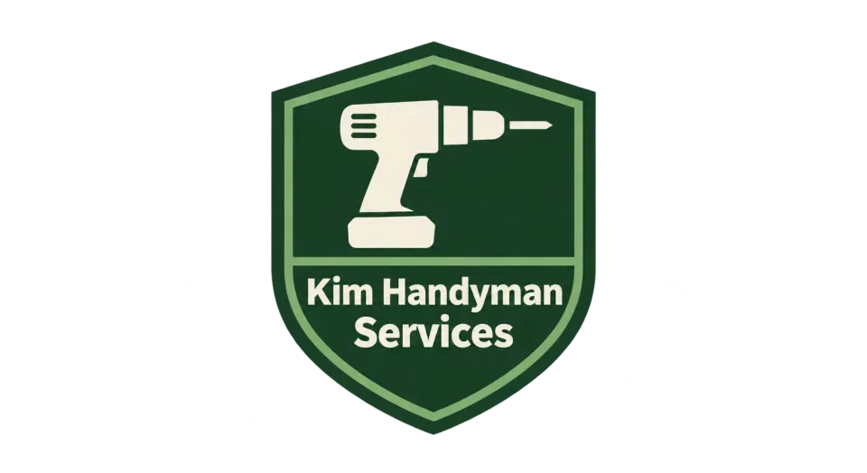Kim Handyman Services emblem logo idea: A simple drill and shield frame Kim Handyman Services as a capable, dependable local handyman service.