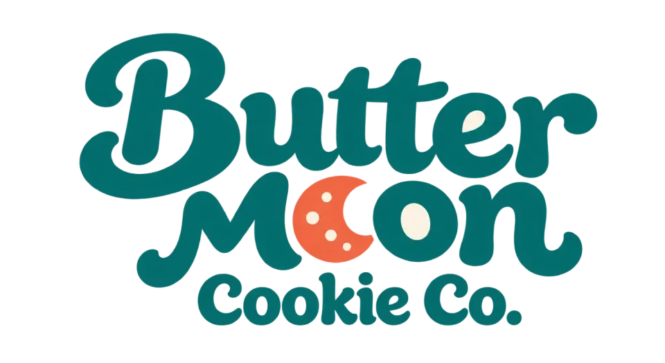 Butter Moon Cookie Co. wordmark logo idea: A crescent cut into a rounded letter quietly links the name to cookies without adding a separate picture.