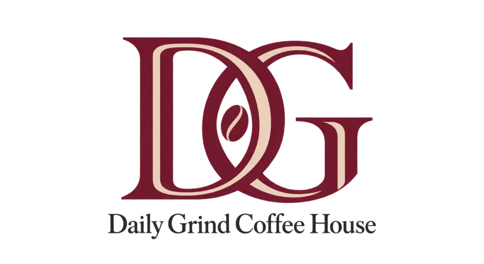 Daily Grind Coffee House lettermark logo idea: A close-set DG sits above the full shop name, giving Daily Grind Coffee House a crafted, polished mark that can also stand alone as an app icon.