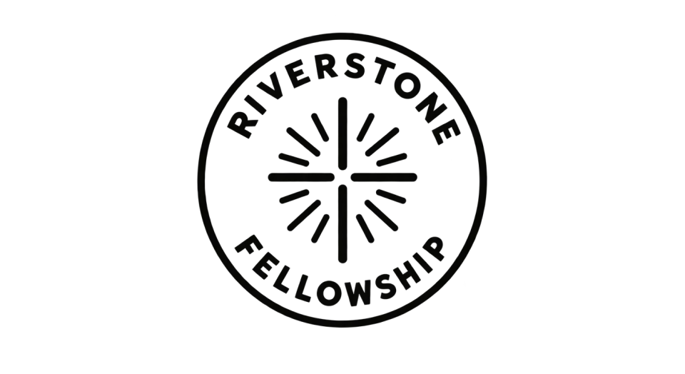 Riverstone Fellowship emblem logo idea: A simple ray-formed cross sits at the heart of a round community badge, with the church’s name gathered around it.