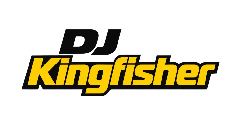 DJ Kingfisher wordmark logo idea: The stacked name has the punch of a show listing, with “Kingfisher” taking the lead and “DJ” easy to find.