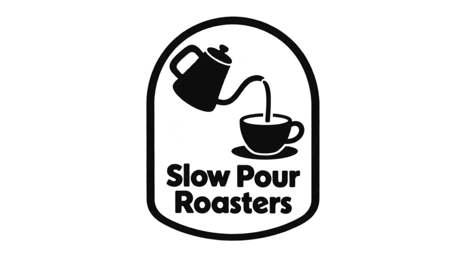 Slow Pour Roasters emblem logo idea: A kettle pouring into a cup makes the coffee craft clear while the arched badge keeps the mood casual.