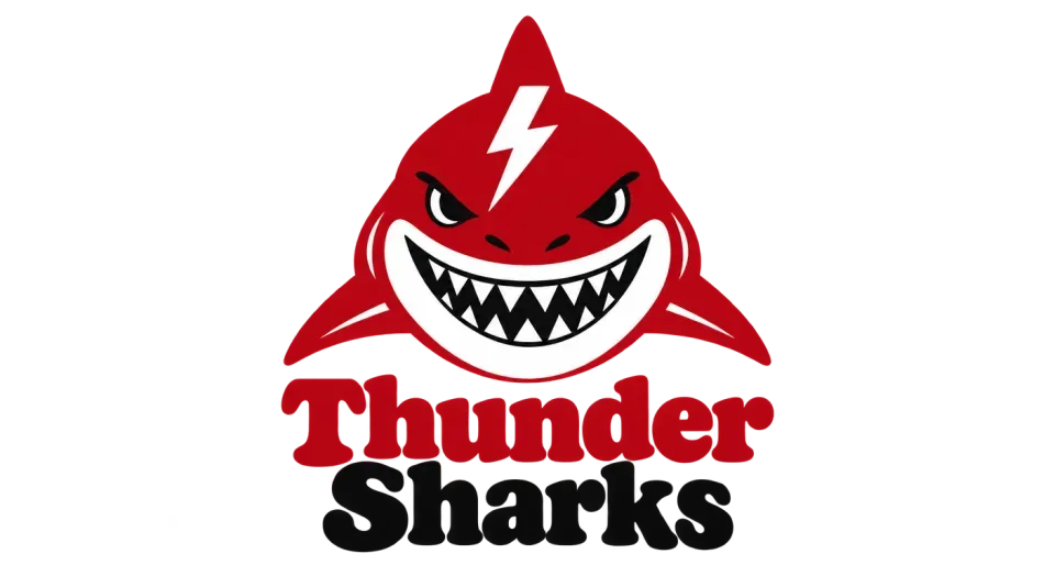 Thunder Sharks mascot logo idea: A red, front-facing shark with a bolt on its forehead makes the team’s name easy to recognize at a glance.