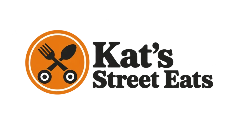 Kat's Street Eats combination mark logo idea: The round orange seal and familiar utensils give Kat's Street Eats the look of a long-standing local favorite without crowding the name.