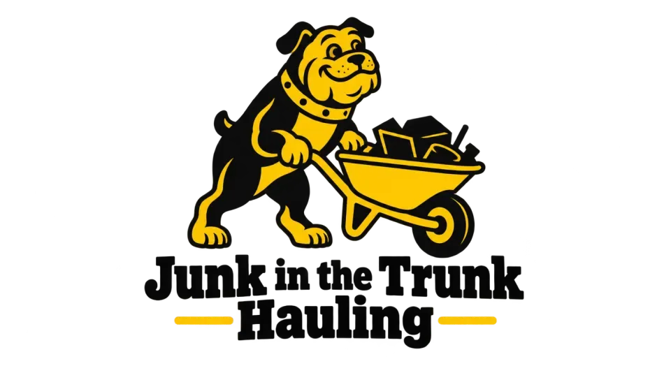 Junk in the Trunk Hauling mascot logo idea: A determined, friendly bulldog at the wheelbarrow makes the hauling service feel hardworking and approachable.