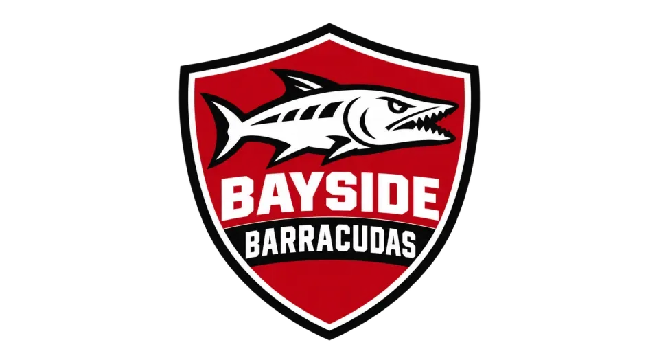 Bayside Barracudas combination mark logo idea: A compact shield brings the barracuda and team name together in a single badge suited to uniforms and team gear.