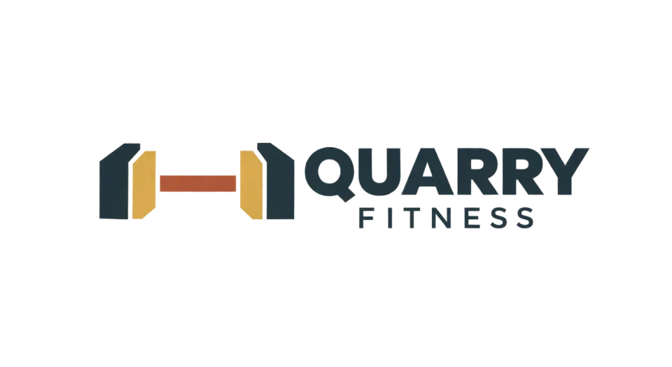 Quarry Fitness combination mark logo idea: Squared stone-like plates make the barbell feel specific to Quarry Fitness without losing the familiar signal of a gym.