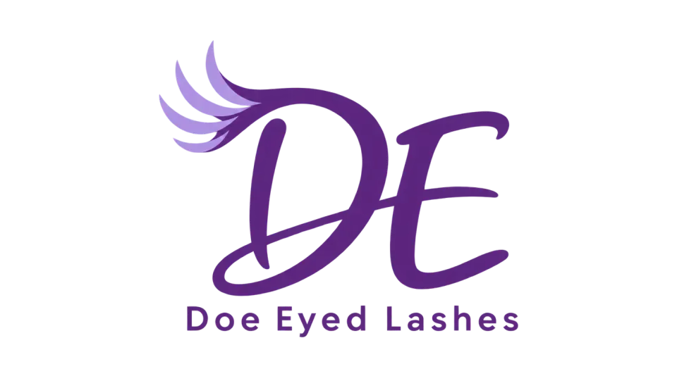 Doe Eyed Lashes lettermark logo idea: The hand-drawn DE and its subtle lash sweep give Doe Eyed Lashes a fresh studio feel while keeping the initials easy to recognize on an app icon.