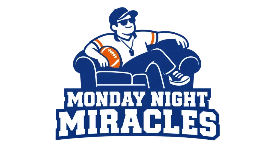 Monday Night Miracles mascot logo idea: A relaxed coach and tucked-away football bring the team’s Monday-night humor to a clear, varsity-style mascot.