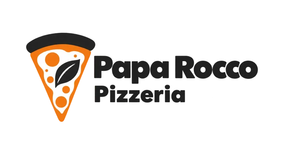 Papa Rocco Pizzeria combination mark logo idea: A basil-topped slice makes the pizzeria instantly recognizable, while the sturdy lettering gives Papa Rocco a welcoming, family-owned feel.