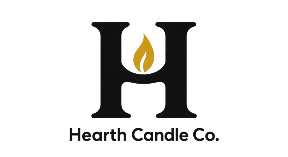 Hearth Candle Co. lettermark logo idea: A candle-inspired crossbar and small flame make the H feel at home on a candle label while keeping the full name clear beneath it.