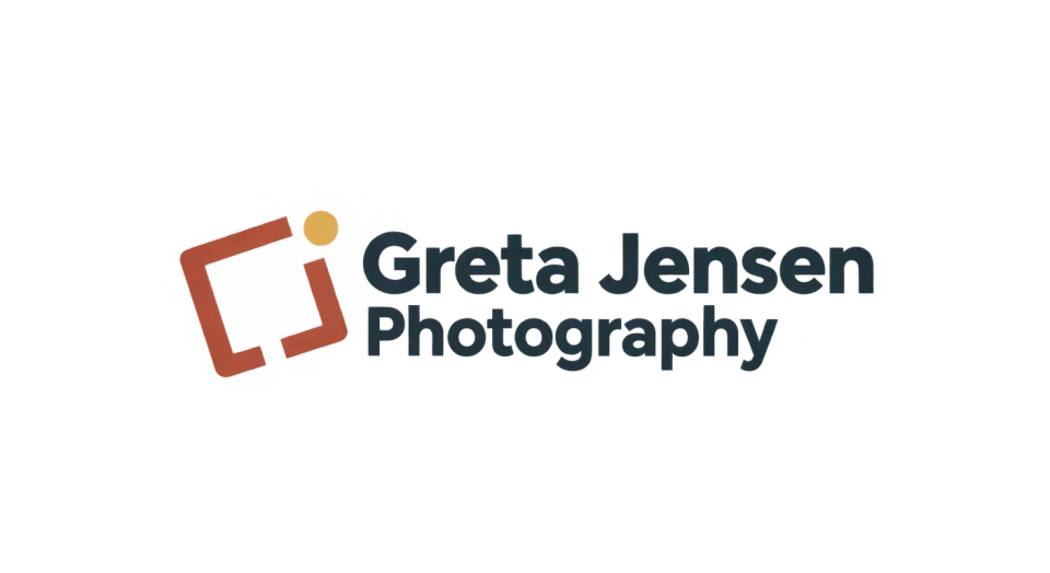 Greta Jensen Photography combination mark logo idea: The almost-square frame and wandering dot give Greta Jensen Photography a simple camera-inspired mark with a gently offbeat twist.