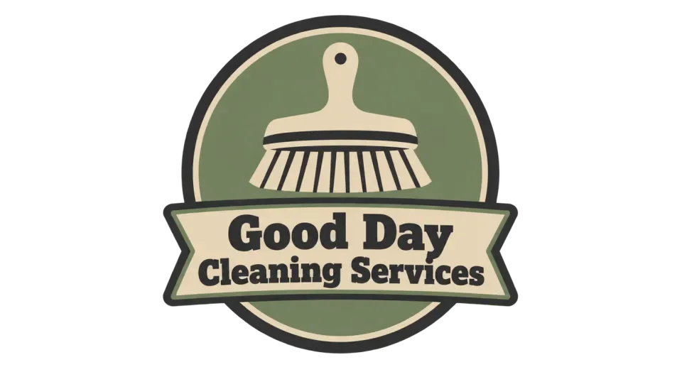 Good Day Cleaning Services emblem logo idea: A broad brush and a readable name ribbon make this round badge feel established without crowding the details.