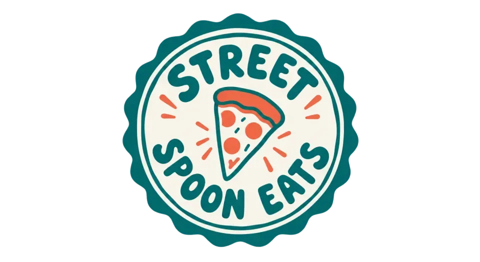 Street Spoon Eats emblem logo idea: The name circles a small pizza slice in a playful crest that feels at home on a food truck.