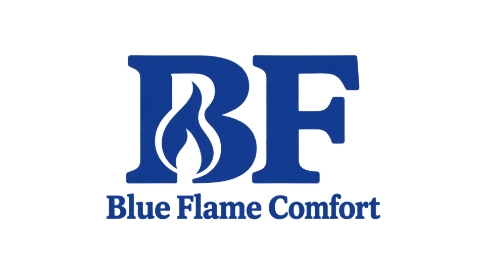 Blue Flame Comfort lettermark logo idea: The compact, sturdy BF feels rooted in traditional craft, while the full name beneath keeps the company easy to identify.
