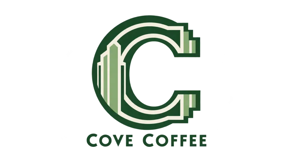 Cove Coffee lettermark logo idea: A stepped green C gives Cove Coffee a polished Deco signature, with the full name neatly anchored beneath it.