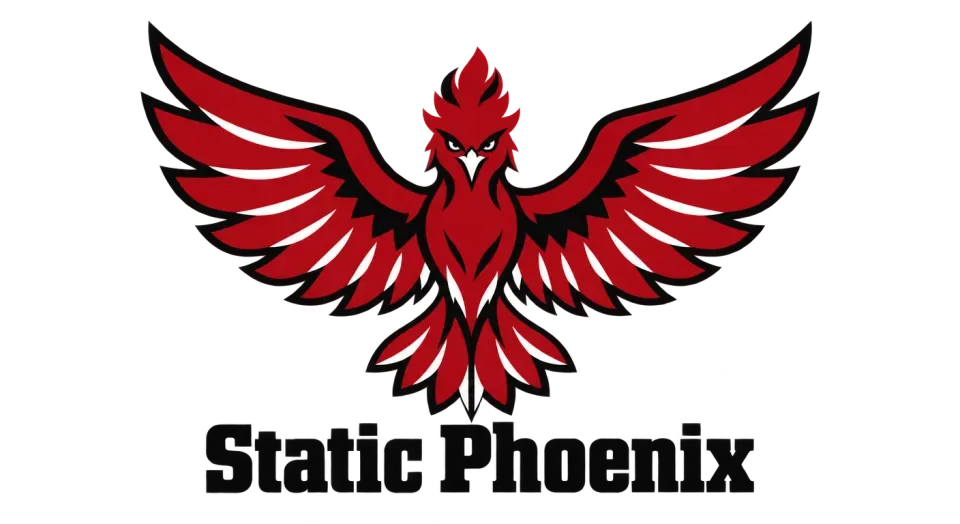 Static Phoenix mascot logo idea: A red phoenix spreads its wings above “Static Phoenix,” giving the team a clear, bold mascot with a retro sign feel.