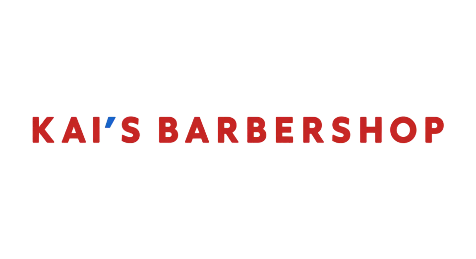Kai's Barbershop wordmark logo idea: Softened letter shapes and a carefully placed blue apostrophe bring a gentle character to the clean, all-caps name.