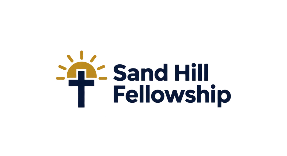 Sand Hill Fellowship combination mark logo idea: A small gold sunrise behind a navy cross brings a bright note of welcome to the church’s name.