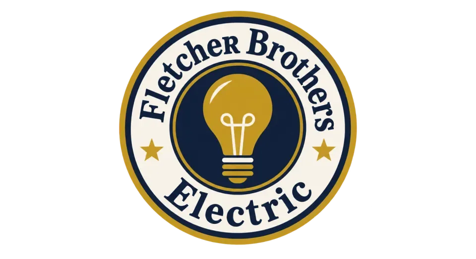 Fletcher Brothers Electric emblem logo idea: The round seal brings the name and a straightforward light-bulb symbol together in a compact, time-honored badge.
