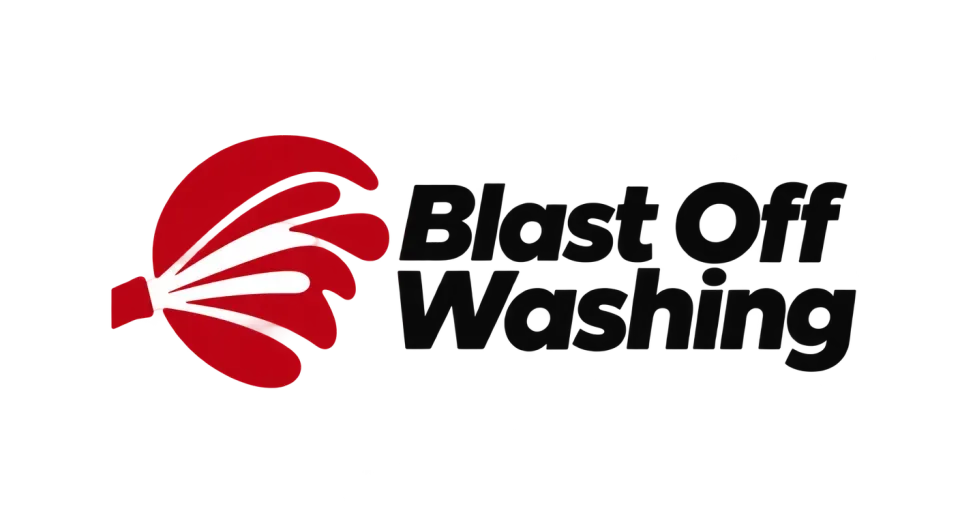 Blast Off Washing combination mark logo idea: A bold, forward-sweeping burst suggests powerful exterior cleaning while keeping the name easy to read.