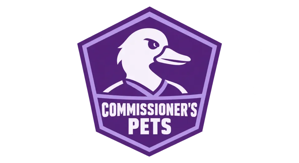 Commissioner's Pets emblem logo idea: The patch shape and confident duck profile make the team name feel like a bold league badge, while keeping the mascot simple and memorable.