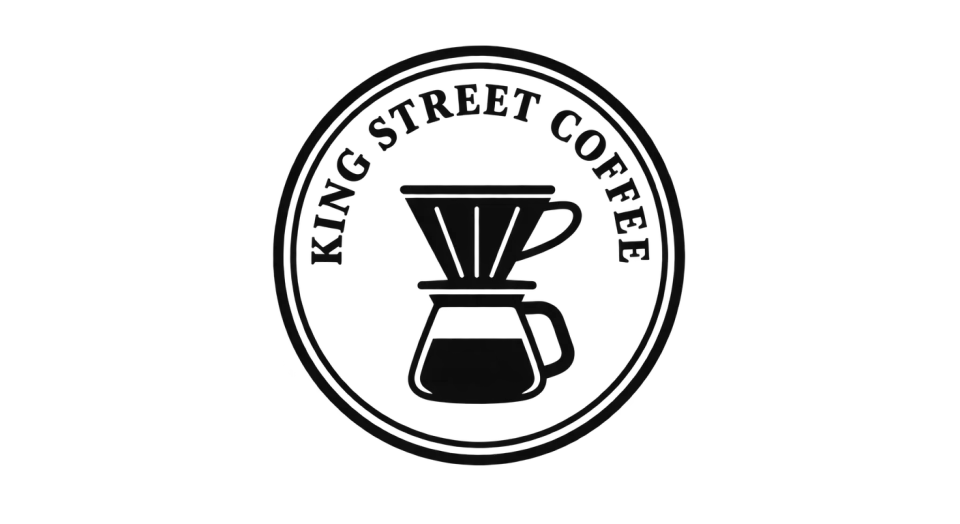 King Street Coffee emblem logo idea: A simple pour-over at the heart of a round seal makes King Street Coffee feel like a considered neighborhood coffee stop.