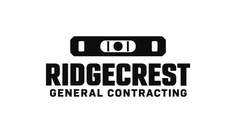 Ridgecrest General Contracting combination mark logo idea: A straightforward level and a solid two-line name make Ridgecrest General Contracting feel equipped for precise, hands-on work.