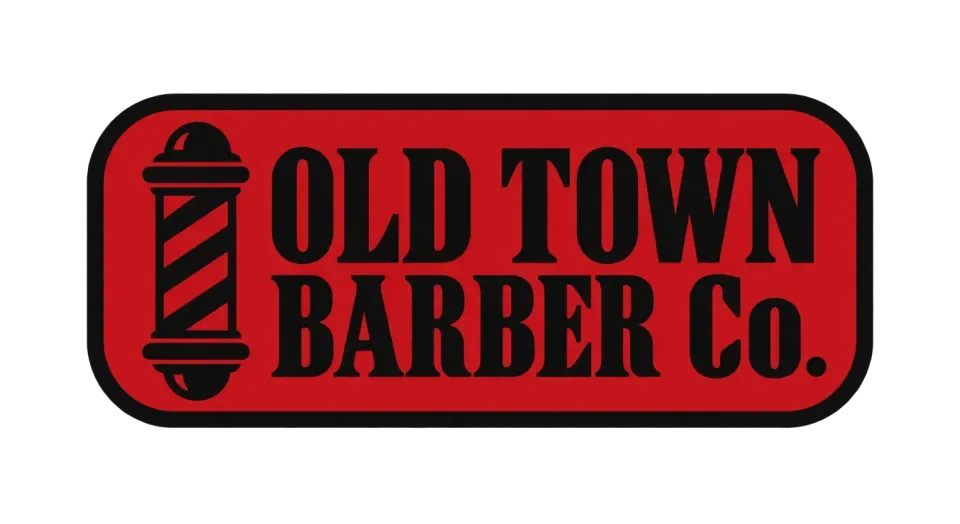 Old Town Barber Co. emblem logo idea: A barber pole beside the full name makes this compact patch easy to recognize as a neighborhood barbershop mark.