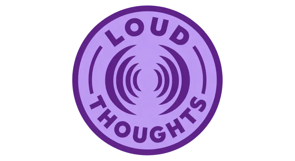 Loud Thoughts emblem logo idea: Bold nested wave arcs turn the center into a simple echo, framed by the name in a compact circular seal.