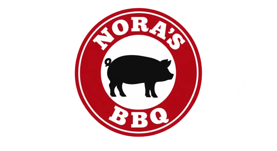 Nora's BBQ emblem logo idea: A centered pig and curved “Nora's BBQ” lettering give Nora's BBQ the familiar feel of a neighborhood spot with an old-school seal.