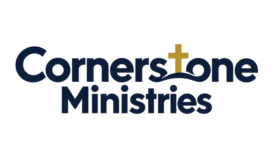 Cornerstone Ministries wordmark logo idea: A small cross above a gentle hill gives the carefully arranged name a quiet nod to the church’s purpose.