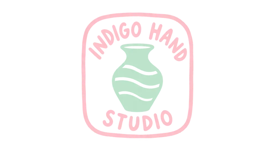 Indigo Hand Studio emblem logo idea: The name traces the patch around a central vase, giving the studio badge a crafted feel without adding extra decoration.