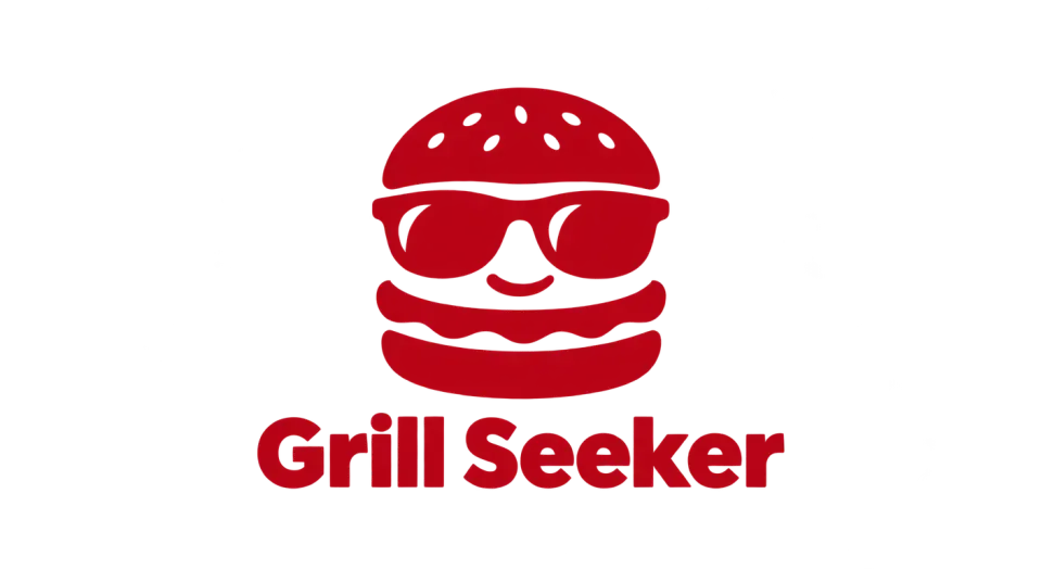 Grill Seeker mascot logo idea: The sunglasses-wearing burger makes the food focus immediate and gives Grill Seeker a relaxed, approachable face.