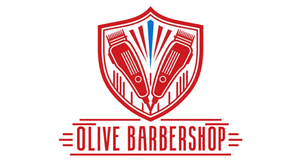 Olive Barbershop combination mark logo idea: A compact shield with paired clippers and a restrained sunburst gives the stacked mark a clear silhouette for a card or social avatar.