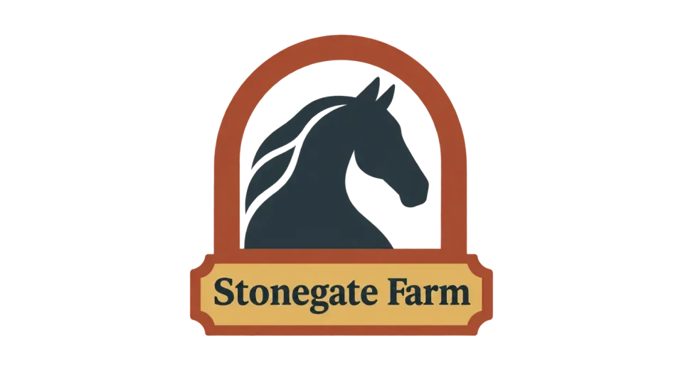 Stonegate Farm emblem logo idea: A stable-arch outline and a single horse-head shape make the badge feel grounded in farm life without crowding the name.