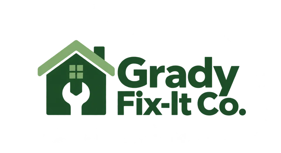 Grady Fix-It Co. combination mark logo idea: A house paired with a wrench connects Grady Fix-It Co. to practical repairs around the home.