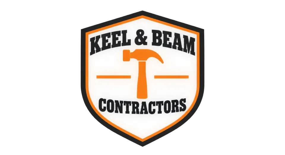 Keel & Beam Contractors emblem logo idea: A centered hammer and sturdy shield give Keel & Beam Contractors a familiar, hands-on look.