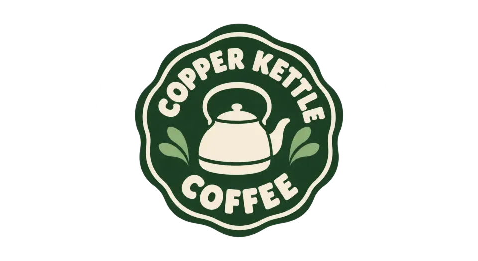 Copper Kettle Coffee emblem logo idea: A little kettle sits at the heart of the badge, making the shop’s name feel warm, familiar, and easygoing.